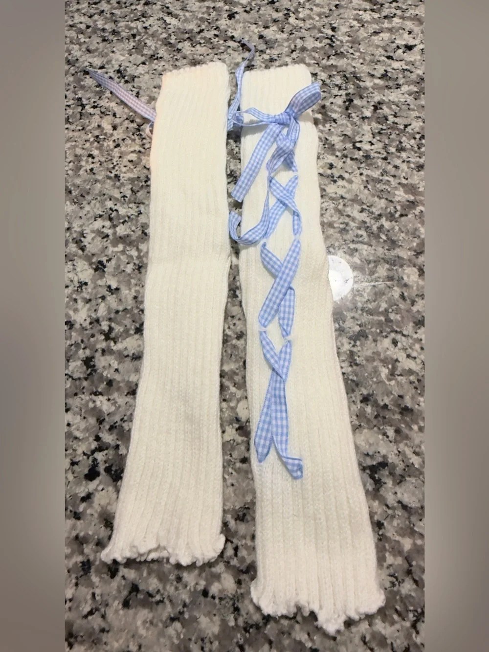 Kawaii Off White Ribbed Leg Warmers with Blue Gingham Ribbon (NWT)